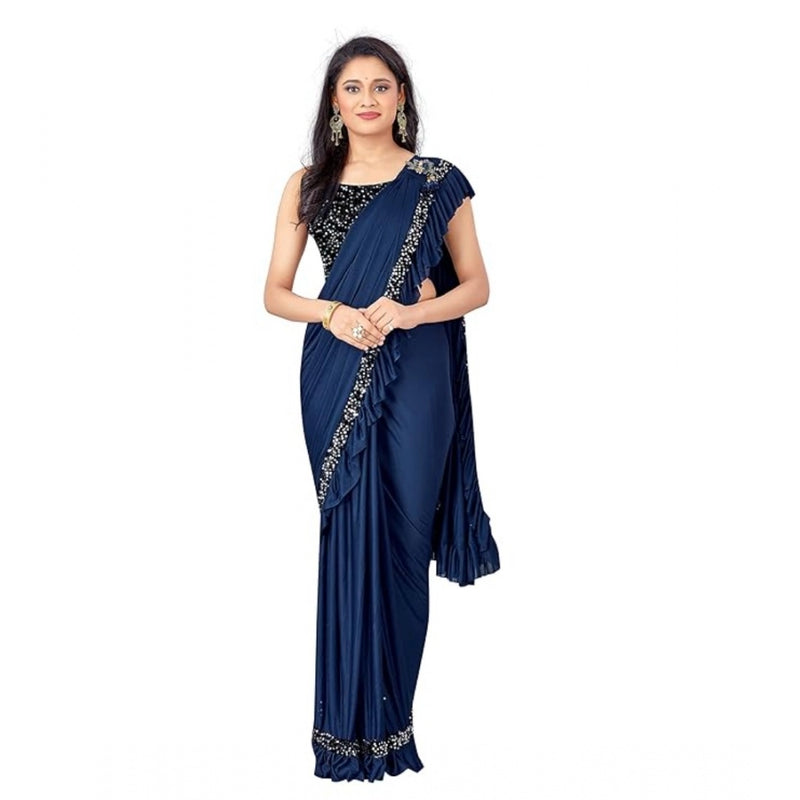 Mayawye Women's Lycra Solid Saree With Unstitched Blouse (Nay Blue, 5.5 Mtr)
