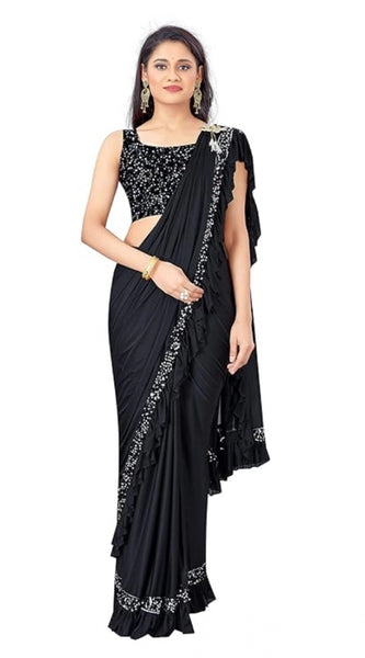 Mayawye Women's Lycra Solid Saree With Unstitched Blouse (Black, 5.5 Mtr)