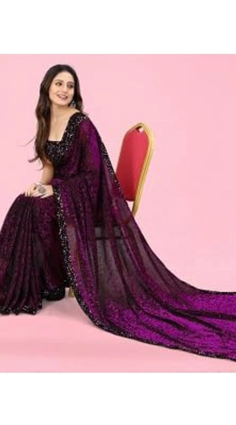 Mayawye Women's Lycra Floral Saree With Unstitched Blouse (Wine, 5.5 Mtr)