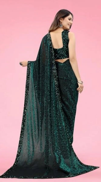 Mayawye Women's Lycra Floral Saree With Unstitched Blouse (Green, 5.5 Mtr)