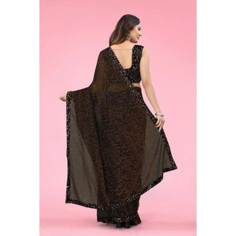 Mayawye Women's Lycra Floral Saree With Unstitched Blouse (Brown, 5.5 Mtr)