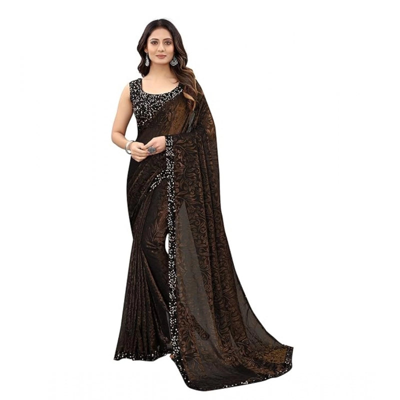 Mayawye Women's Lycra Floral Saree With Unstitched Blouse (Brown, 5.5 Mtr)