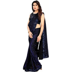 Mayawye Women's Lycra Floral Saree With Unstitched Blouse (Blue, 5.5 Mtr)