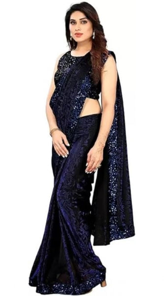Mayawye Women's Lycra Floral Saree With Unstitched Blouse (Blue, 5.5 Mtr)