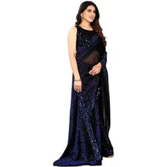 Mayawye Women's Lycra Floral Saree With Unstitched Blouse (Blue, 5.5 Mtr)