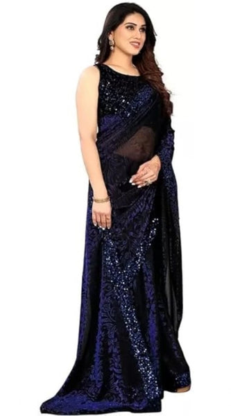Mayawye Women's Lycra Floral Saree With Unstitched Blouse (Blue, 5.5 Mtr)