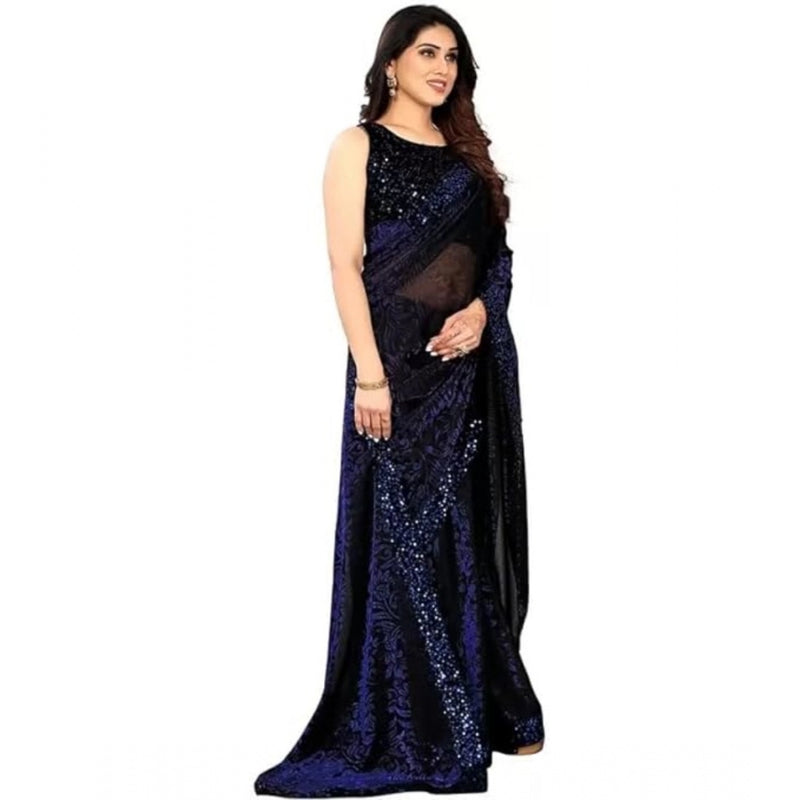 Mayawye Women's Lycra Floral Saree With Unstitched Blouse (Blue, 5.5 Mtr)