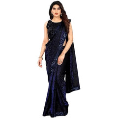 Mayawye Women's Lycra Floral Saree With Unstitched Blouse (Blue, 5.5 Mtr)