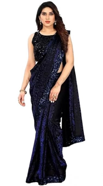 Mayawye Women's Lycra Floral Saree With Unstitched Blouse (Blue, 5.5 Mtr)