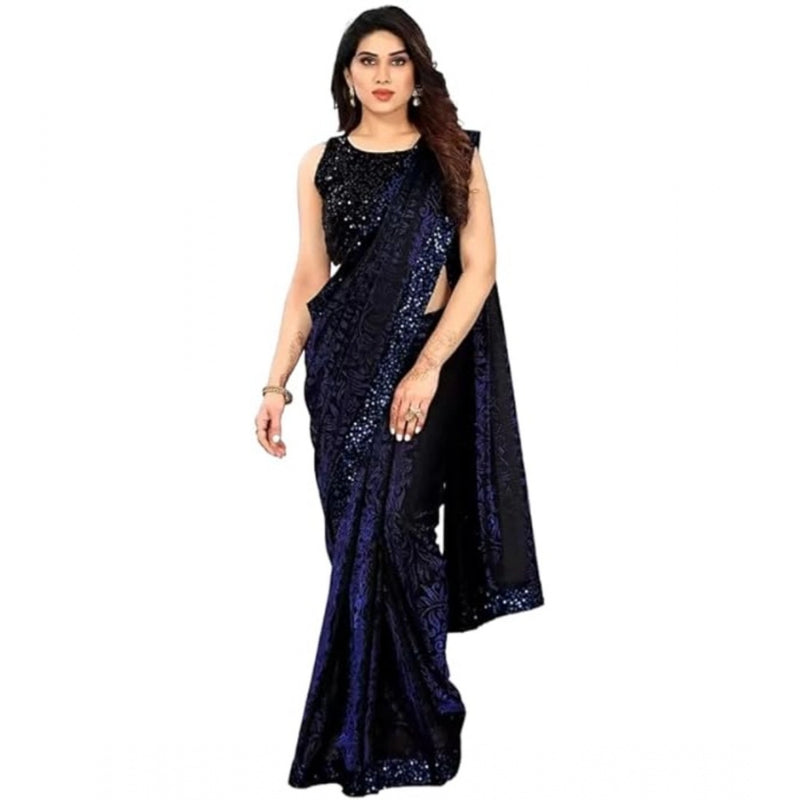 Mayawye Women's Lycra Floral Saree With Unstitched Blouse (Blue, 5.5 Mtr)