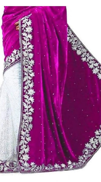 Mayawye Women's Velvet Embroidered Saree With Unstitched Blouse (Pink, 5.5 Mtr)