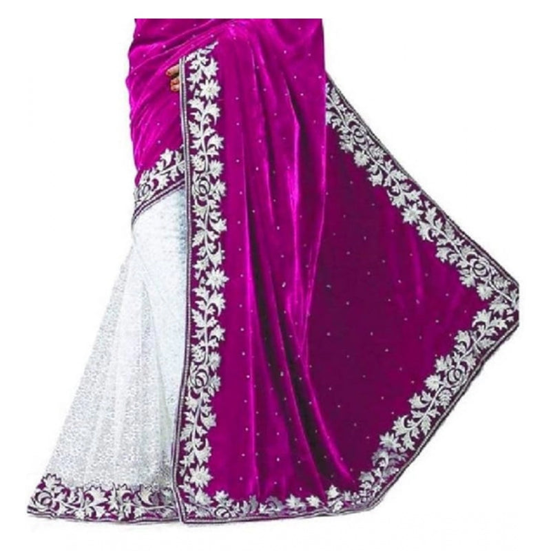Mayawye Women's Velvet Embroidered Saree With Unstitched Blouse (Pink, 5.5 Mtr)