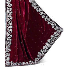 Mayawye Women's Velvet Embroidered Saree With Unstitched Blouse (Maroon, 5.5 Mtr)
