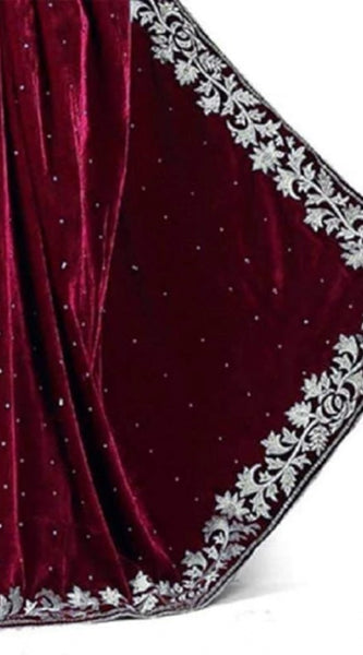 Mayawye Women's Velvet Embroidered Saree With Unstitched Blouse (Maroon, 5.5 Mtr)