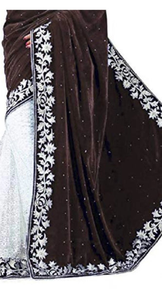 Mayawye Women's Velvet Embroidered Saree With Unstitched Blouse (Brown, 5.5 Mtr)