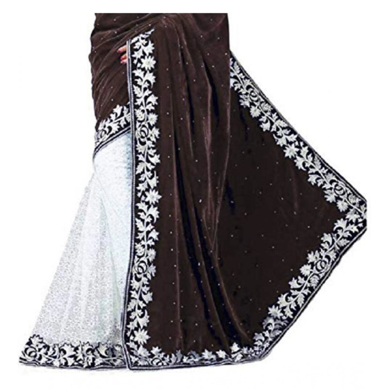 Mayawye Women's Velvet Embroidered Saree With Unstitched Blouse (Brown, 5.5 Mtr)