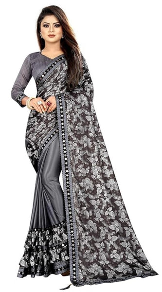 Mayawye Women's Lycra Solid Saree With Unstitched Blouse (Grey, 5.5 Mtr)