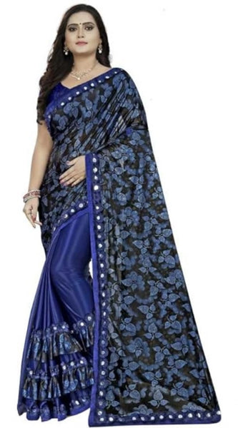 Mayawye Women's Lycra Solid Saree With Unstitched Blouse (Blue, 5.5 Mtr)