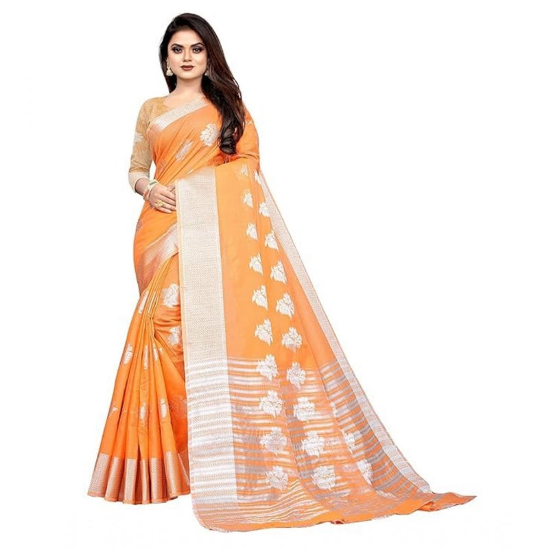 Mayawye Women's Cotton Silk Floral Saree With Unstitched Blouse (Orange, 5.5 Mtr)