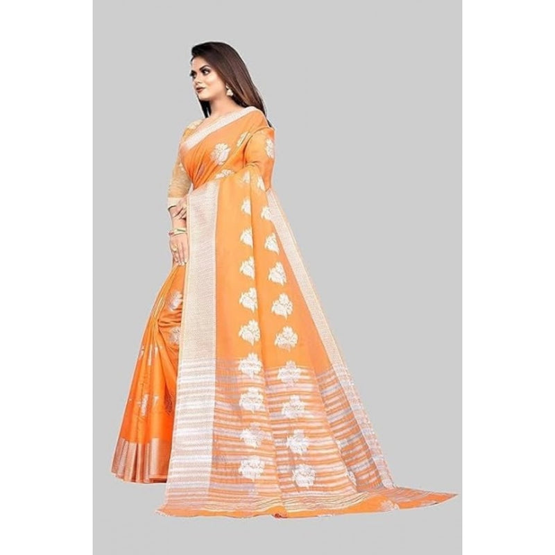 Mayawye Women's Cotton Silk Floral Saree With Unstitched Blouse (Orange, 5.5 Mtr)