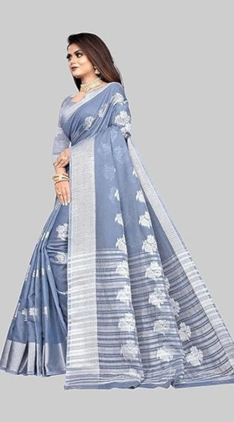 Mayawye Women's Cotton Silk Floral Saree With Unstitched Blouse (Grey, 5.5 Mtr)