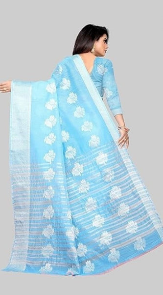 Mayawye Women's Cotton Silk Floral Saree With Unstitched Blouse (Rama, 5.5 Mtr)