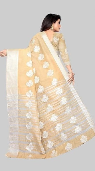 Mayawye Women's Cotton Silk Floral Saree With Unstitched Blouse (Beige, 5.5 Mtr)