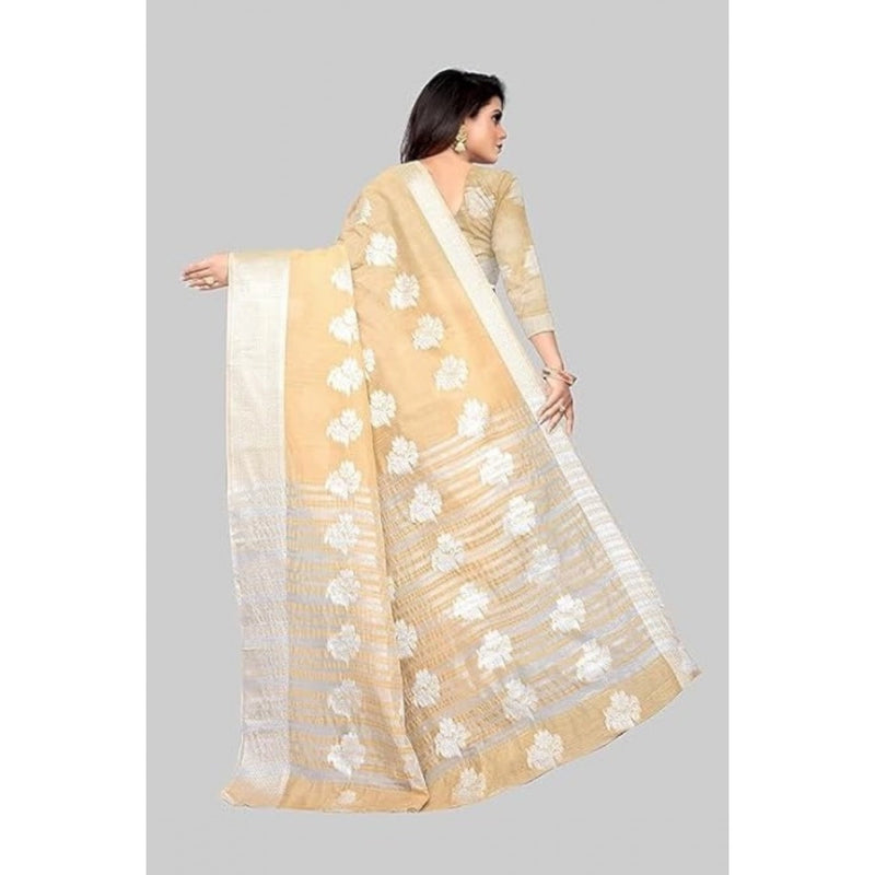 Mayawye Women's Cotton Silk Floral Saree With Unstitched Blouse (Beige, 5.5 Mtr)