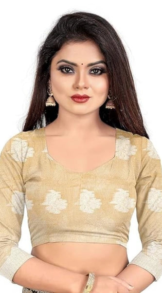 Mayawye Women's Cotton Silk Floral Saree With Unstitched Blouse (Beige, 5.5 Mtr)