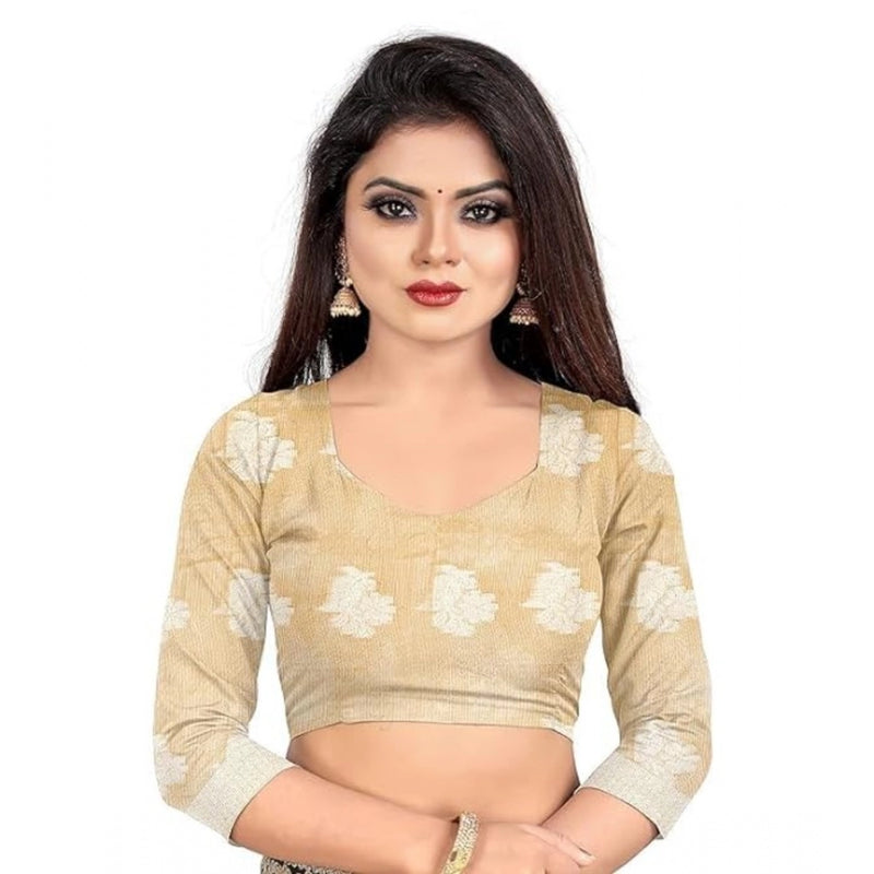 Mayawye Women's Cotton Silk Floral Saree With Unstitched Blouse (Beige, 5.5 Mtr)