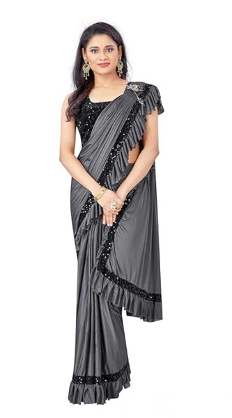 Mayawye Women's Lycra Solid Saree With Unstitched Blouse (Grey, 5.5 Mtr)