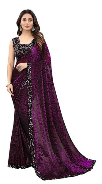 Mayawye Women's Lycra Floral Saree With Unstitched Blouse (Wine, 5.5 Mtr)