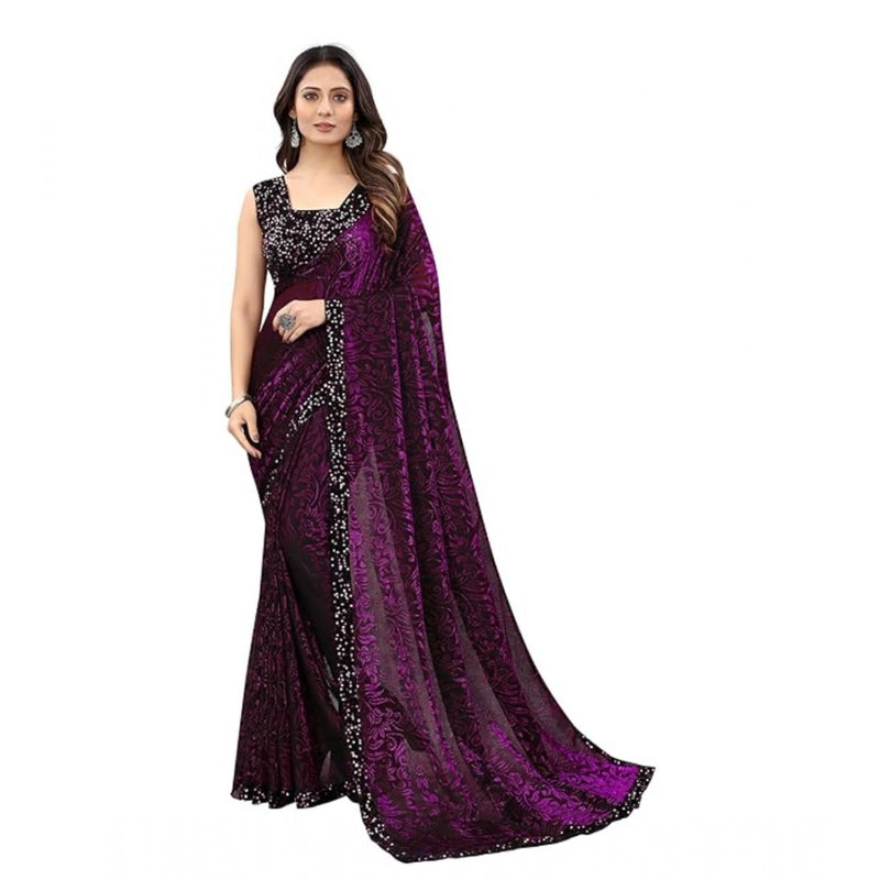 Mayawye Women's Lycra Floral Saree With Unstitched Blouse (Wine, 5.5 Mtr)