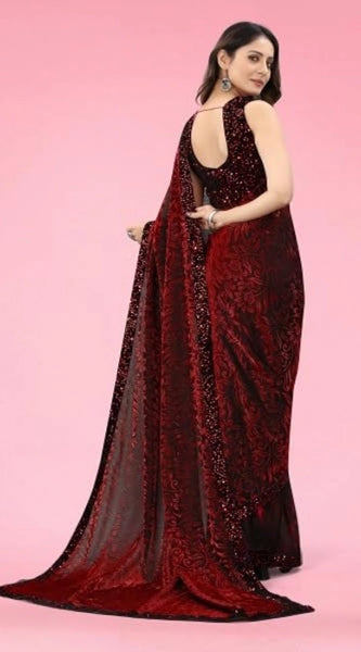 Mayawye Women's Lycra Floral Saree With Unstitched Blouse (Maroon, 5.5 Mtr)
