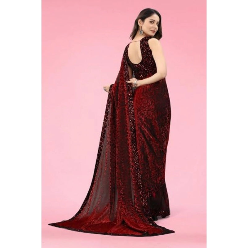Mayawye Women's Lycra Floral Saree With Unstitched Blouse (Maroon, 5.5 Mtr)