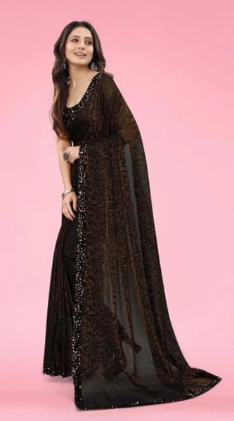 Mayawye Women's Lycra Floral Saree With Unstitched Blouse (Brown, 5.5 Mtr)