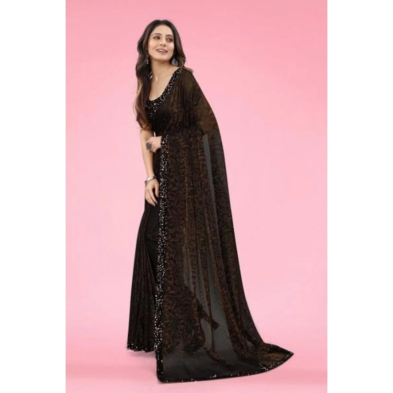 Mayawye Women's Lycra Floral Saree With Unstitched Blouse (Brown, 5.5 Mtr)