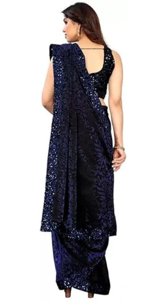 Mayawye Women's Lycra Floral Saree With Unstitched Blouse (Blue, 5.5 Mtr)