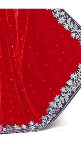 Mayawye Women's Velvet Embroidered Saree With Unstitched Blouse (Red, 5.5 Mtr)