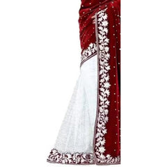 Mayawye Women's Velvet Embroidered Saree With Unstitched Blouse (Maroon, 5.5 Mtr)