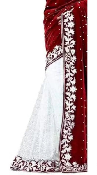 Mayawye Women's Velvet Embroidered Saree With Unstitched Blouse (Maroon, 5.5 Mtr)