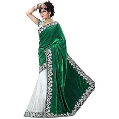 Mayawye Women's Velvet Embroidered Saree With Unstitched Blouse (Green, 5.5 Mtr)