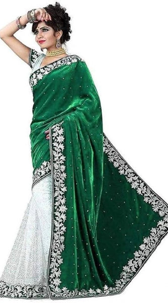 Mayawye Women's Velvet Embroidered Saree With Unstitched Blouse (Green, 5.5 Mtr)