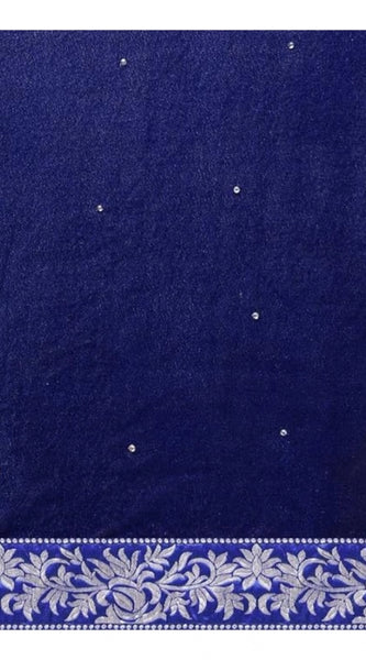 Mayawye Women's Velvet Embroidered Saree With Unstitched Blouse (Blue, 5.5 Mtr)