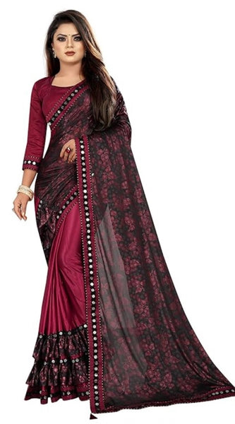Mayawye Women's Lycra Solid Saree With Unstitched Blouse (Maroon, 5.5 Mtr)