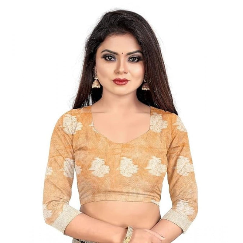 Mayawye Women's Cotton Silk Floral Saree With Unstitched Blouse (Orange, 5.5 Mtr)