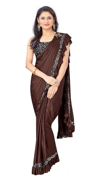 Mayawye Women's Lycra Solid Saree With Unstitched Blouse (Brown, 5.5 Mtr)