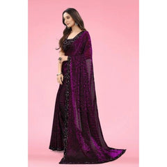 Mayawye Women's Lycra Floral Saree With Unstitched Blouse (Wine, 5.5 Mtr)
