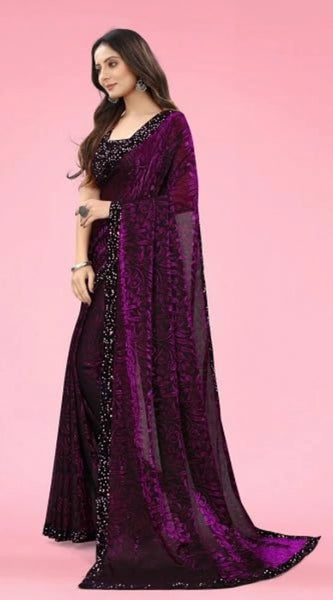 Mayawye Women's Lycra Floral Saree With Unstitched Blouse (Wine, 5.5 Mtr)