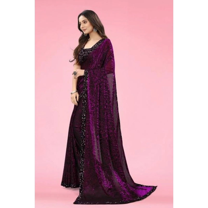 Mayawye Women's Lycra Floral Saree With Unstitched Blouse (Wine, 5.5 Mtr)